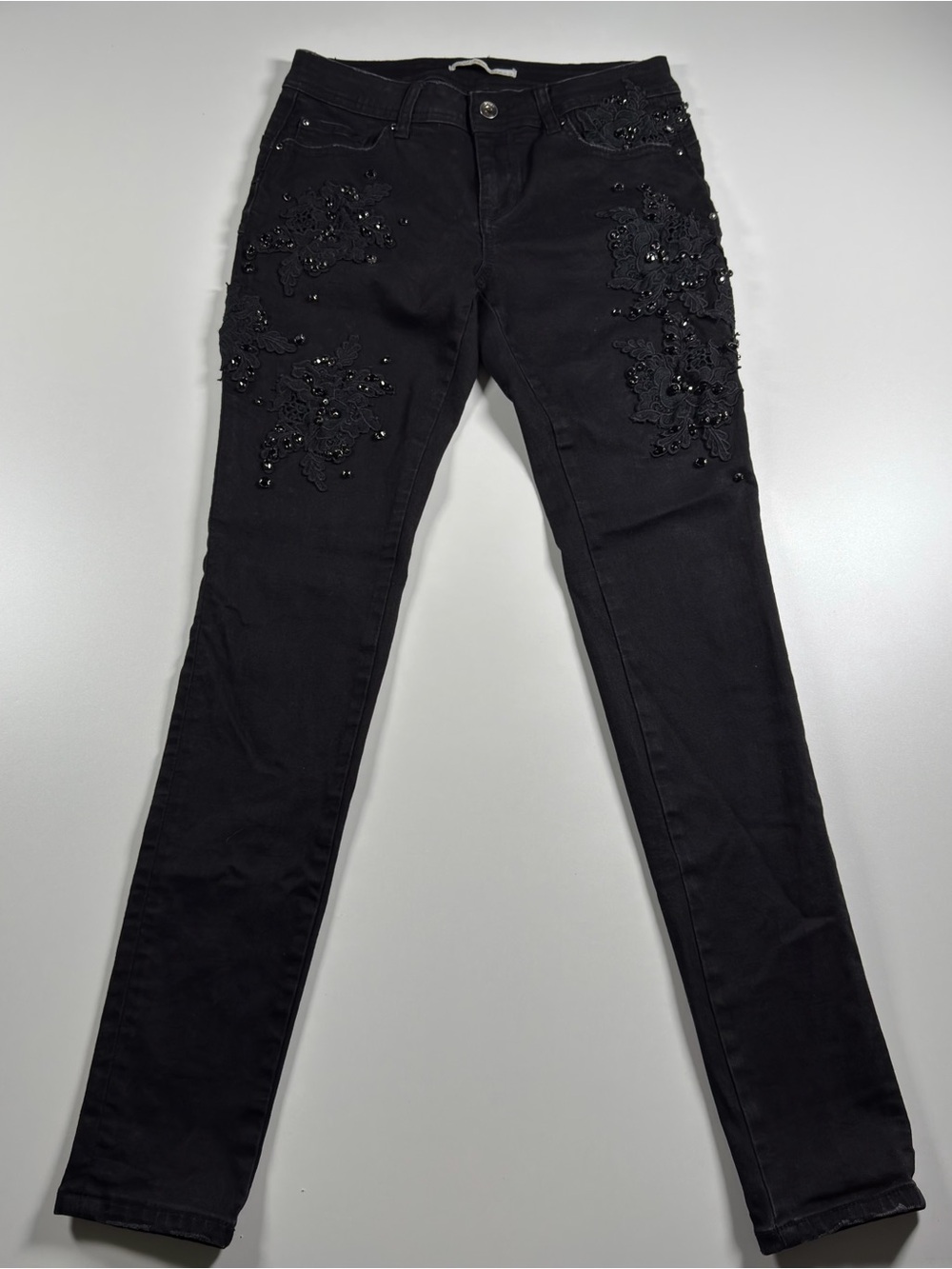 Gaudi' Black Rhinestone bedazzled embroidered Skinny Jeans Size 28